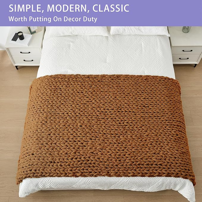 Bigacogo Chunky Knit Throw Blanket for Couch, 40x80 inches, Caramel | Hand Knit with Jumbo Chenille, Soft Breathable Cable Knit for Sofa Bed Living Room, Machine Washable, Gift for Mom Friend