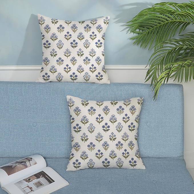 Farmhouse Floral Block Print Pillow Covers 18x18 Set of 2, Vintage Rustic Decorative Throw Pillows Modern Flower Cushion Covers for Sofa Couch Bed Living Room Home Decor, Sage Green Blue