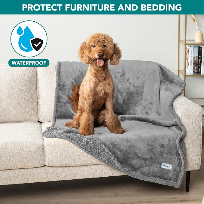 PetAmi Waterproof Dog Blanket for Medium Large Dog Pet, 60x40, Light Grey | 460 GSM Sherpa Fleece Reversible, Pee Proof Cat Blanket, Furniture Protector Cover for Couch Bed Sofa Kennel, Washable, Large