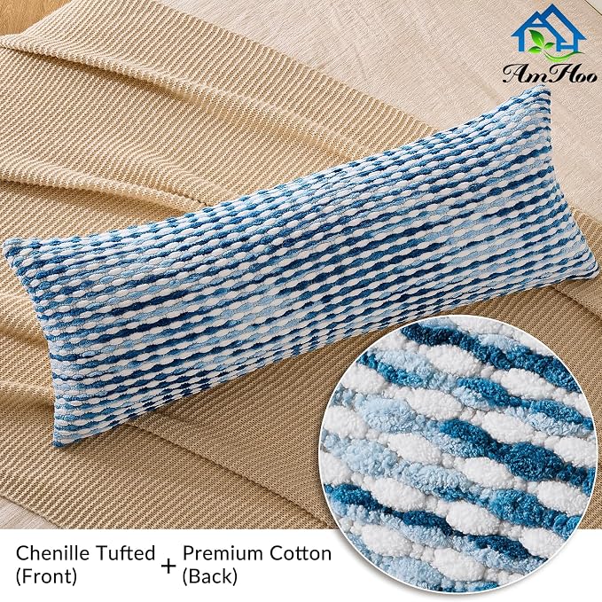 Boho Chenille Pillow Cover Decorative Tufted Pillowcase for Couch Bed Sofa Bedroom Living Room Modern 14 x 36-Inch Sky Blue