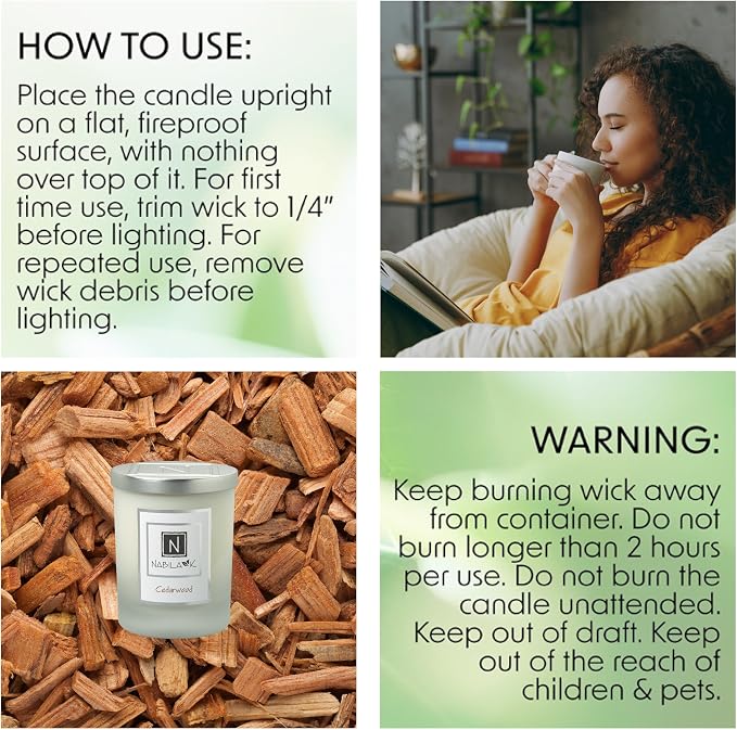 Nabila K - Cedarwood - Soy Candle with Essential Oils - Hand-Poured in USA - Cotton Wick - Aromatherapy - Blend of Cedarwood, Patchouli, Eucalyptus, Vanilla, Lemon, Eucalyptus & More - 3 oz
