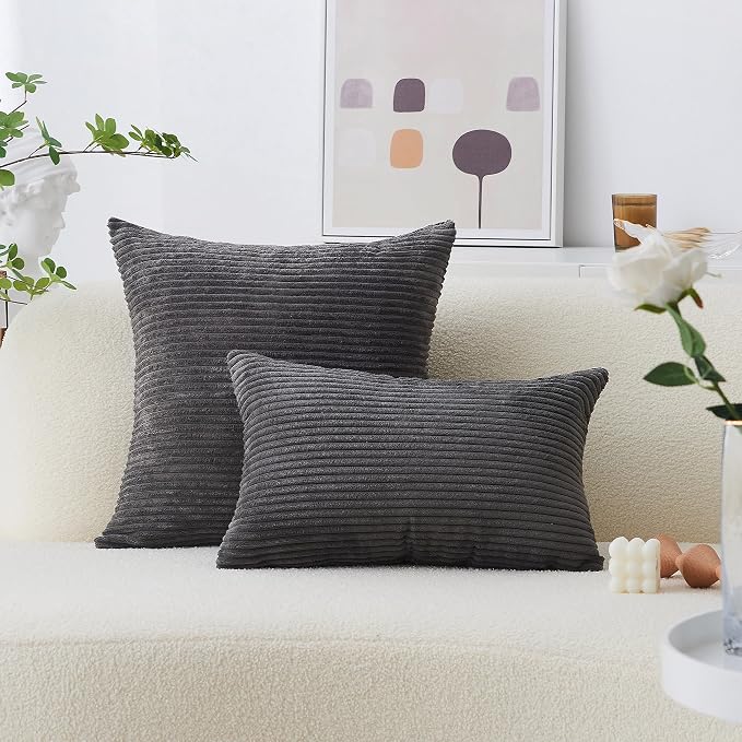 Home Brilliant 20x20 Striped Corduroy Pillow Cover Gray Square Soft Throw Pillow Cover Plush Velvet Pillowcase for Sofa Chair Bed, 20 x 20 inch (50cm), Dark Grey