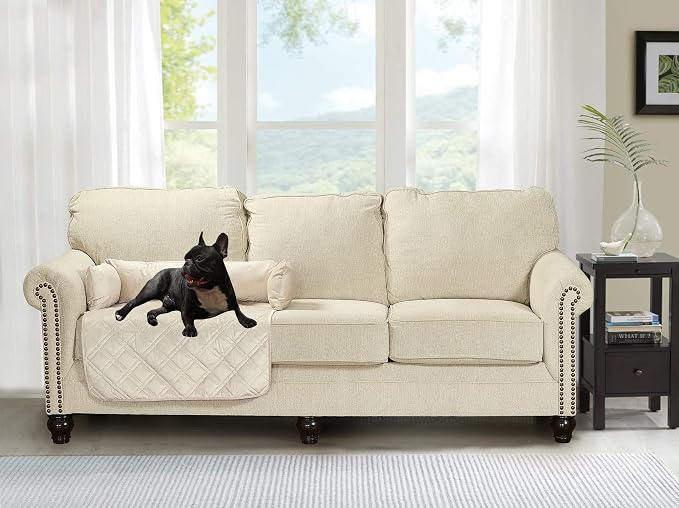 Brilliant Sunshine Beige Natural Velvet Dog Sofa Slipcover, Medium | Calming Pet Couch Bed with Removable & Washable Cover, Funiture Protector & Bed Mat for Dogs, Pets, Cats, 30"×32"×8"