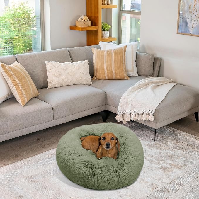 Best Friends by Sheri The Original Calming Donut Dog Bed for Small Dogs up to 25 lbs, Shag Faux Fur, Sage Green, 23" x 23"