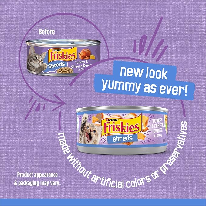 Friskies Purina Shreds Turkey and Cheese Dinner in Gravy High Protein Wet Cat Food - 5.5 oz. Cans,(Pack of 48)