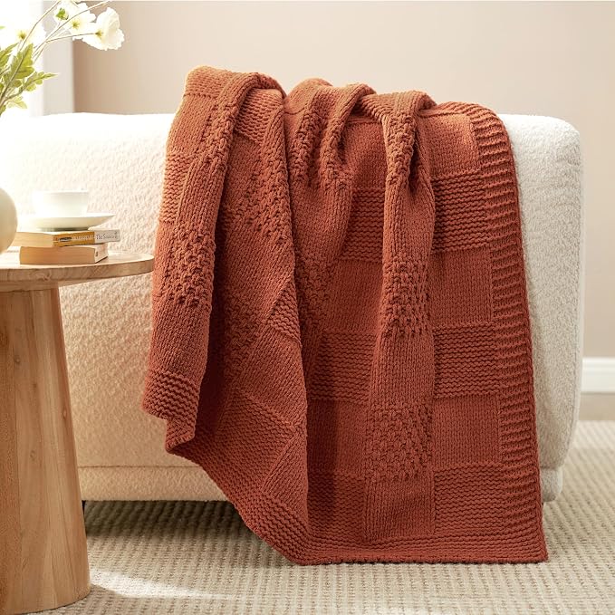 Knit Throw Blanket, Soft Chenille Cozy Breathable Checkered Chunky Decorative Blanket for Couch, Bed & Sofa, French-Inspired Lightweight Warm Gift for Women, Orange, 50"x60"