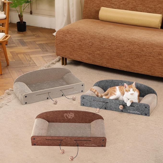 FUKUMARU Large Cat Scratcher Bed, 26 Inch Cat Scratching Bed Sofa Indoor | Cardboard Cat Scratcher with 2 Reversible Scratch Pad Refills, Durable Large Cat Scratching Lounger with Ball Toy, Grey