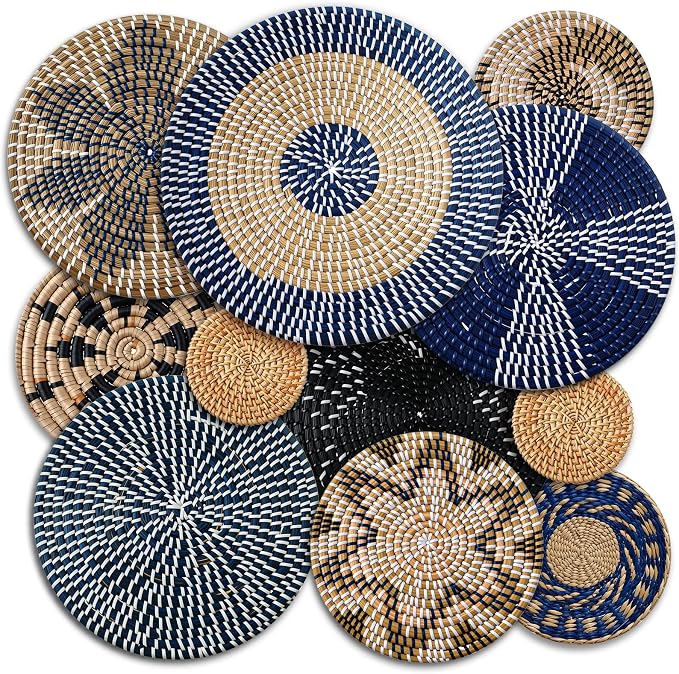 Tatuo 11 Pcs Boho Wall Basket Decor Bulrush Woven Wall Hanging Art Round Farmhouse Rustic Handmade Wicker for Summer Home, Bedroom, Living Room, Kitchen Decorations, Multi Sizes(Blue)