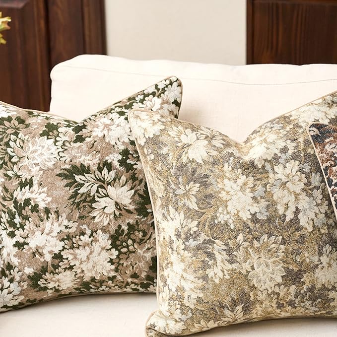 Neutral Floral Pillow Cover 24 x 24 Inches, Vintage Chenille Square Throw Pillow Cover Soft Decorative Farmhouse Accent Couch Pillow Cover for Living Room Bedroom, Green