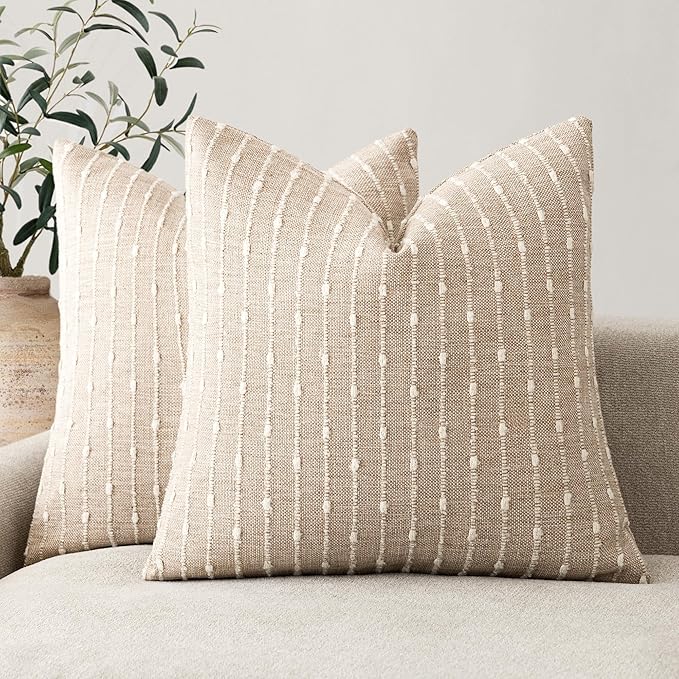 Foindtower Pack of 2 Decorative Jacquard Boucle Throw Pillow Covers Accent Textured Striped Pillowcases Soft Boho Modern Cushion for Couch Sofa Bedroom Living Room Home Decor 22x22 Inch Natural Beige