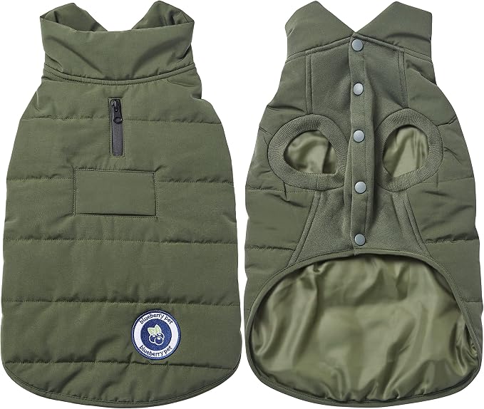 Blueberry Pet Cozy & Comfy Windproof Waterproof Quilted Fall Winter Dog Puffer Jacket in Dark Olive, Back Length 15 3/4", Size 14", Warm Coat for Medium Dogs