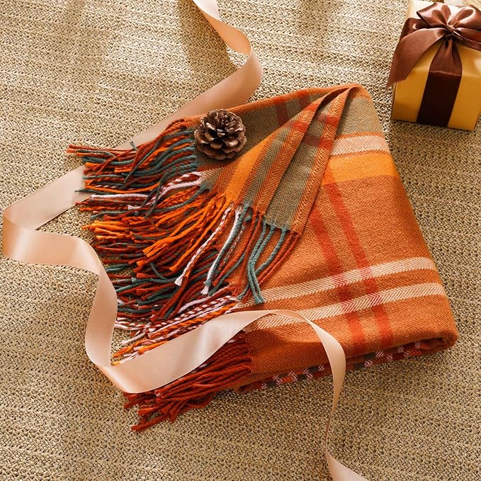 Orange Plaid Throw Blanket for Couch, Fall Throw Blanket 50"x60" Fall Decor | Lightweight Buffalo Plaid Blanket Throw, Soft Woven Throws with Tassels, Checkered Blanket for Bed, Sofa, Autumn, Home Decor