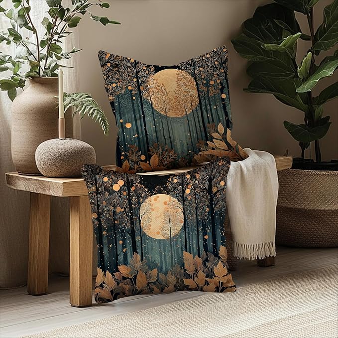 Vintage William Morris Inspired Gold Forest Moon Pillow Covers 18x18 Set of 2,Rustic Black and Gold Moon Landscape Nature Botanical Decorative Throw Pillow Covers for Home Bedroom Living Room