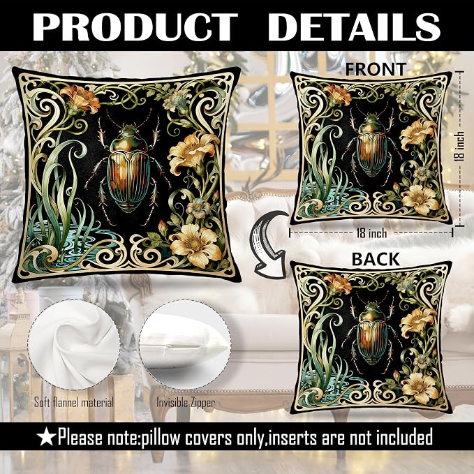 William Morris Inspired Vintage Floral Beetle Cicada Insect Pillow Covers 18x18 Set of 2,Nature Lover Gifts,Cottagecore Art Nouveau Insect Nature Decor Pillow Covers for Home Living Room Bedroom