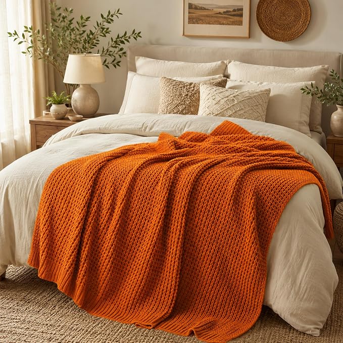 Burnt Orange Throw Blanket for Couch, Fall Waffle Knit Throw Blanket 50x60 | Chunky Chenille Throw Blanket, Soft Warm Decorative Fall Blanket for Sofa Bed, Ideal Fall Home Decor