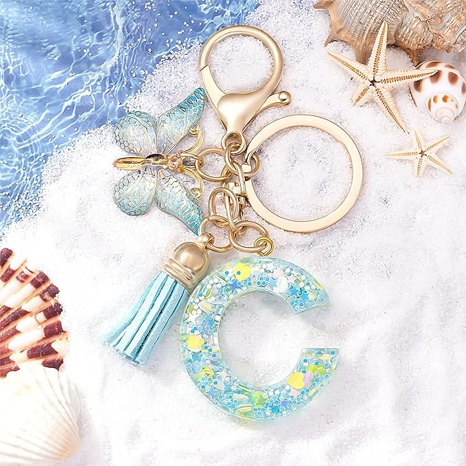 Fashion Alphabet Initial Letter Keychain Tassel Butterfly Pendant Key Ring for Purse Handbags Women Girl