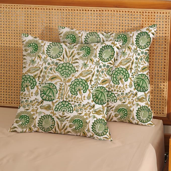Block Print Pillow Covers 18x18 Inch Pack of 2 Boho Sage Green Yellow Floral Decor Throw Pillow Covers Spring Summer Flower Pillowcase Outdoor Farmhouse Decorative Cushion Cover for Home Sofa