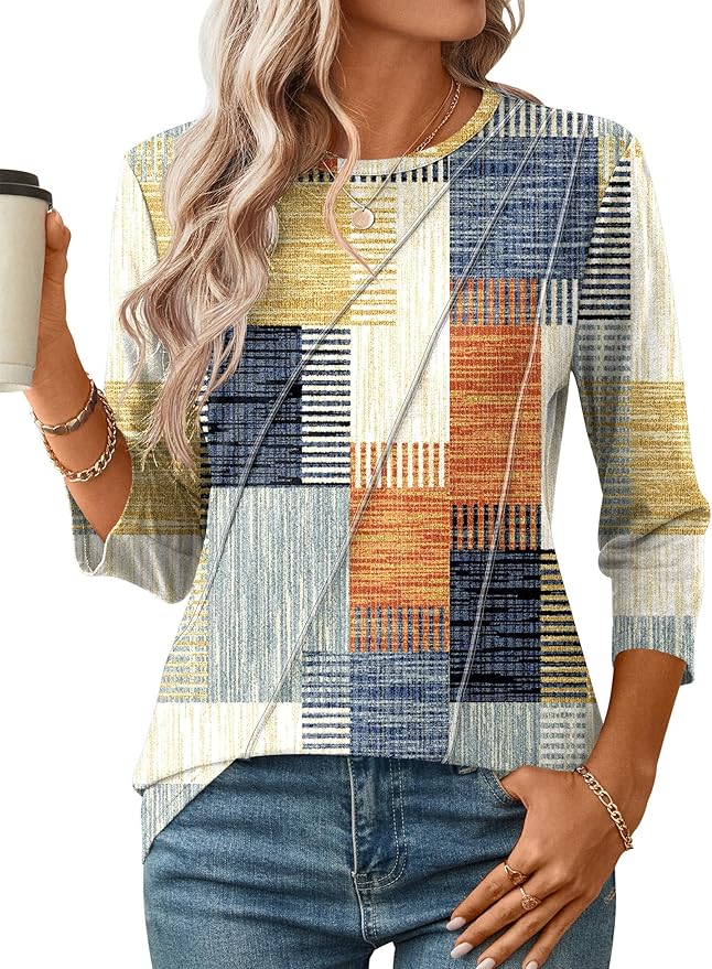 LOMON 3/4 Length Sleeve Womens Tops Spring Summer Fashion 2026 Tops Crew Neck Pleated Shirts Tunic Top Loose Fit
