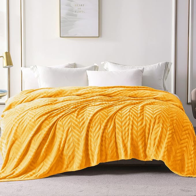 Whale Flotilla Flannel Fleece Fall Bed Blanket Twin Size, Lemon Yellow | Lightweight Breathable Soft Bedspread, Plush Fluffy Coverlet Chevron Design Decorative Blanket for Home Life, 60x80 Inch