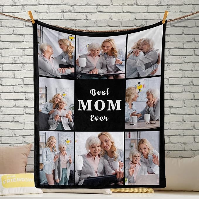 Best Mom Ever Custom Blankets Personalized Blanket with Photo Text | Customized Picture Throw Blanket for Family Mom Dad Sister Grandma Wife on Mother's Day, Christmas, Birthday, Anniversary
