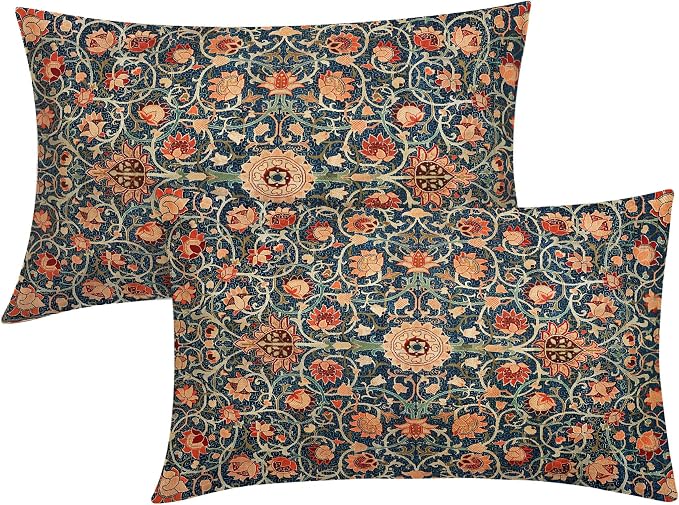 Vintage Floral Lumbar Pillow Covers 12X20 Inch Set of 2 Burnt Orange Flowers Botanical Decorative Rectangular Pillow Cases Navy Blue Art Cushion Case Farmhouse Home Decor for Sofa Couch Bed Outdoor
