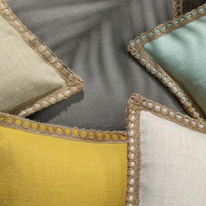 Phantoscope Pack of 2 Farmhouse Decorative Solid Throw Decorative Pillow Cover Burlap Linen Trimmed Tailored Edges, Oatmeal 22 x 22 inches 55 x 55 cm