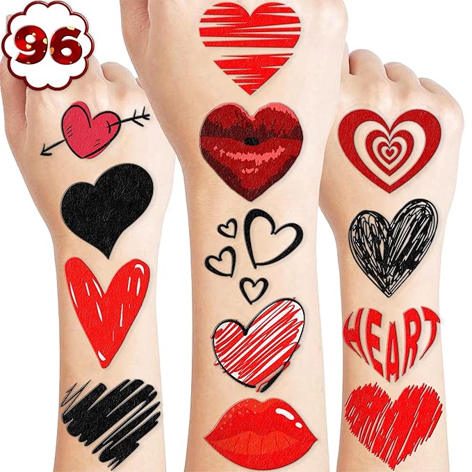 96PCS Red Heart Pre Cut Temporary Tattoos Themed Birthday Party Decorations Supplies Favors Decor Valentine Love Tattoo Stickers Gifts For Game Boys Girls Classroom School Prizes Couple Anniversary