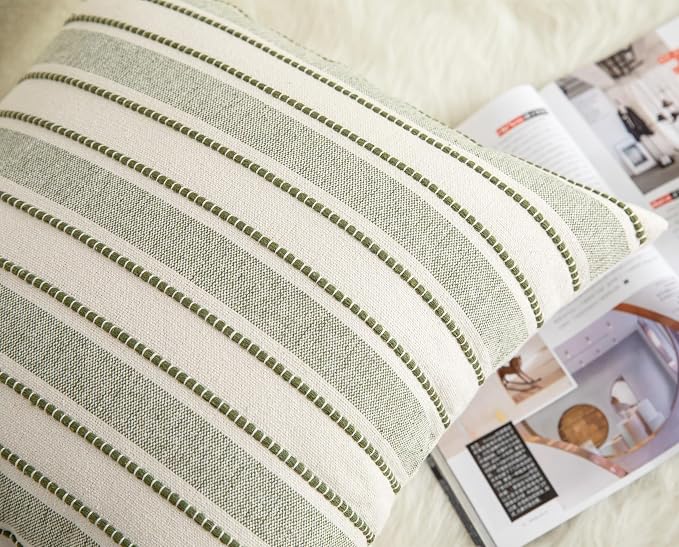 Cethom Decorative Boho Throw Pillow Covers, Farmhouse Textured Pillow Case, 18 x 18 Inch Set of 2, Chair Sofa Bedroom Living Room Home Decor Couch Cushion Case, Olive Green and Beige Striped