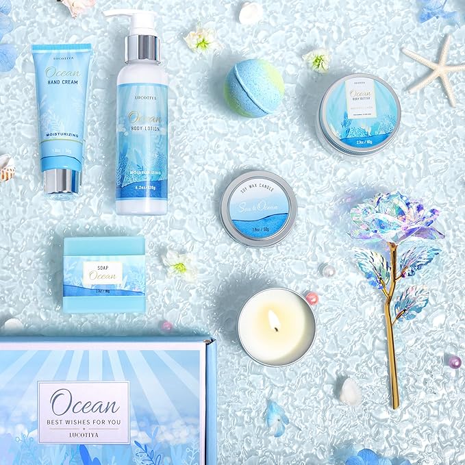 Gifts for Women, Ocean Scented Spa Gift for Women Birthday 7 Luxury Self Care Package, Gift Basket Care Package for Her Wife Mom Friends Female Bff