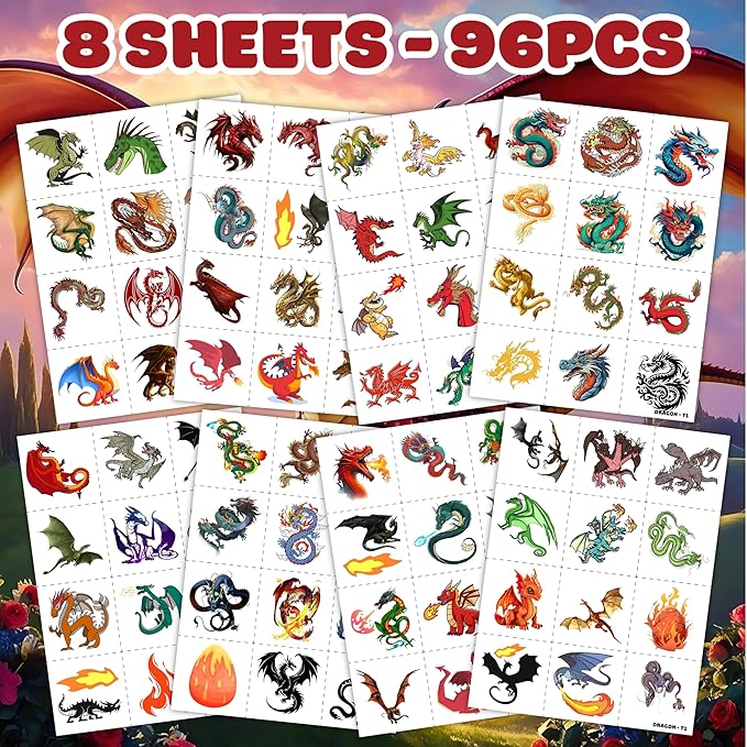 96PCS Dragon Pre-cut Temporary Tattoos Birthday Party Supplies Favors Decorations Knight Dragon Super Cute Fake Tattoos Stickers for Kids Boys Girls School Classroom Rewards Gifts Ideal Halloween