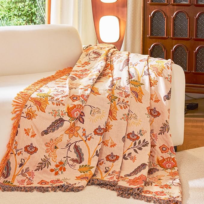 VANJOROY Boho Throw Blanket 80" x 90", 100% Organic Cotton Breathable Skin-Friendly Ultra Soft Bed Quilt Throw - Floral Rustic Decor Luxury Reversible Blanket for Sofa Couch Chair and Gift,