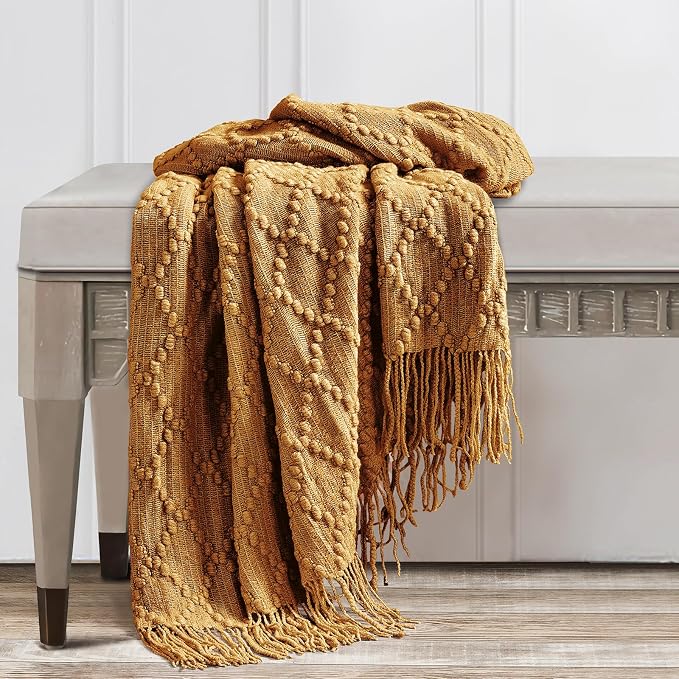 BOURINA Almond Throw Blanket 50 x70 Inch Jacquard Throw Knitted Blanket | Jacquard Argyle Throw Textured Solid Soft Throws and Blankets for Sofa or Bed Knitted Decorative Blanket