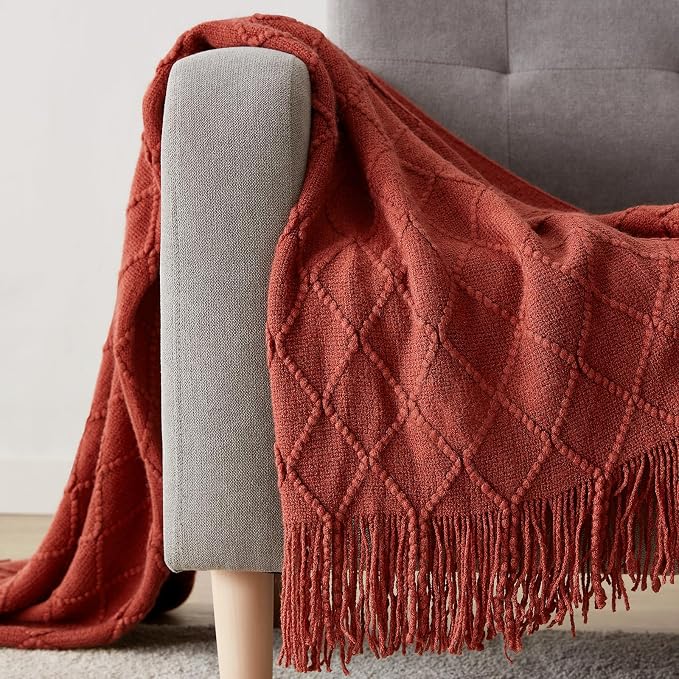 BOURINA Burgundy Throw Blanket 50 x90 Inches Throw Textured Solid Soft Sofa Throw Bed Runner Couch Cover Knitted Decorative Blanket Bed Runner