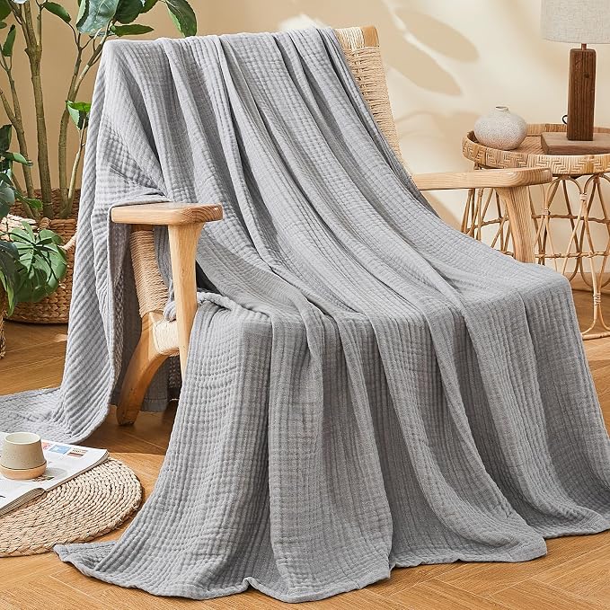 EMME Cotton Muslin Large Throw Blanket Couch Breathable Gauze Soft Lightweight Bed Blankets Adults (Heather Grey, 50"x70")