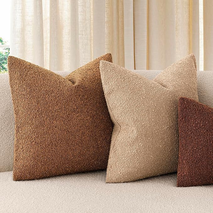 Foindtower Pack of 2, Decorative Textured Boucle Throw Pillow Covers Neutral Accent Solid Pillow Cases Cozy Soft Couch Cushion Case for Chair Sofa Bedroom Living Room Home Decor 22x22 Inch Hazel Brown