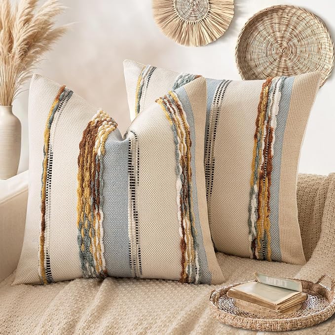 ANRODUO Boho Decorative Pillow Covers 22x22 Blue-Earth Tones Pack of 2 | Throw Pillow Covers, Farmhouse Cushion Case, Chenille Pillow Cases, Pillow Covers, Neutral Pillowcase for Sofa Couch Bed