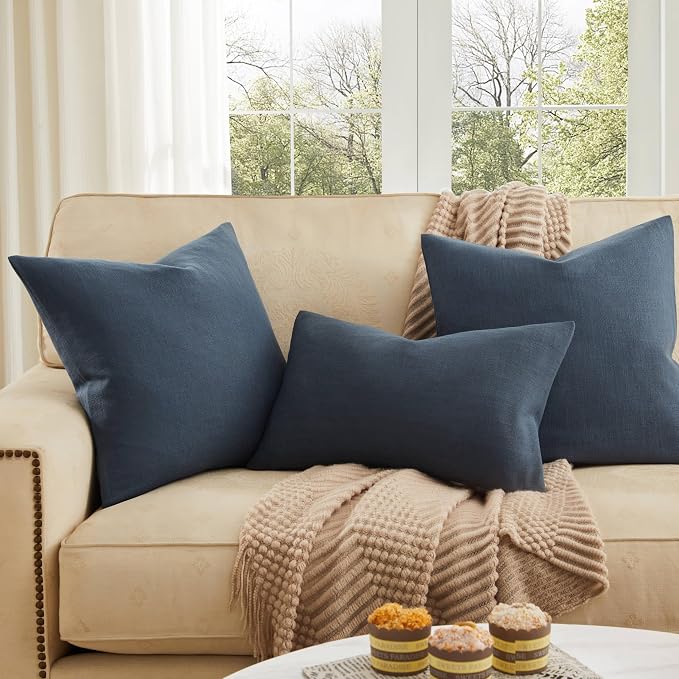 Rustic Linen Throw Pillow Covers Set of 2, Navy 22x22in | Textured Pillow Case, Rustic Cotton Linen Fabric, Modern Farmhouse Cushion Covers for Sofa Bed Living Room Home Decor