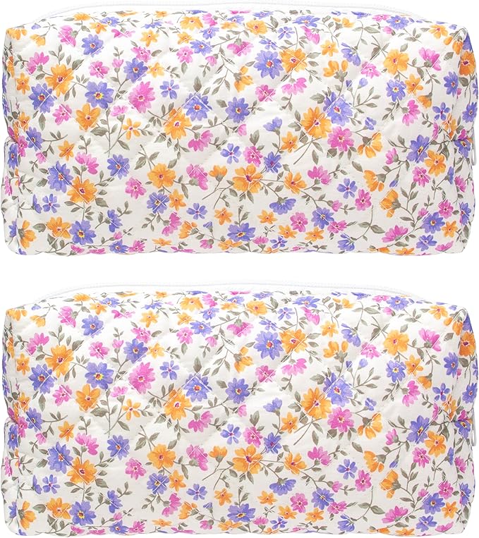 PAZIMIIK Small Quilted Makeup Bag,Zipper Cosmetic Pouch,Ditsy Floral,2 Pack | Lightweight Cosmetic Bag Organizer for Women,Purse Storage Holds Makeup,Toiletries,Skincare,Beauty Essentials,Travel Items