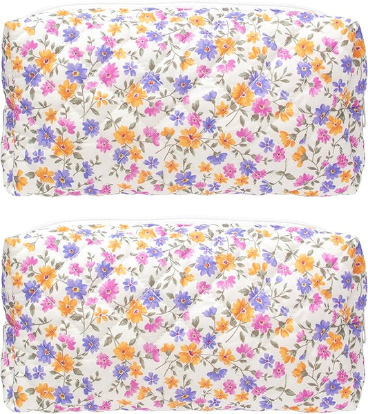 PAZIMIIK Small Quilted Makeup Bag,Zipper Cosmetic Pouch,Ditsy Floral,2 Pack | Lightweight Cosmetic Bag Organizer for Women,Purse Storage Holds Makeup,Toiletries,Skincare,Beauty Essentials,Travel Items