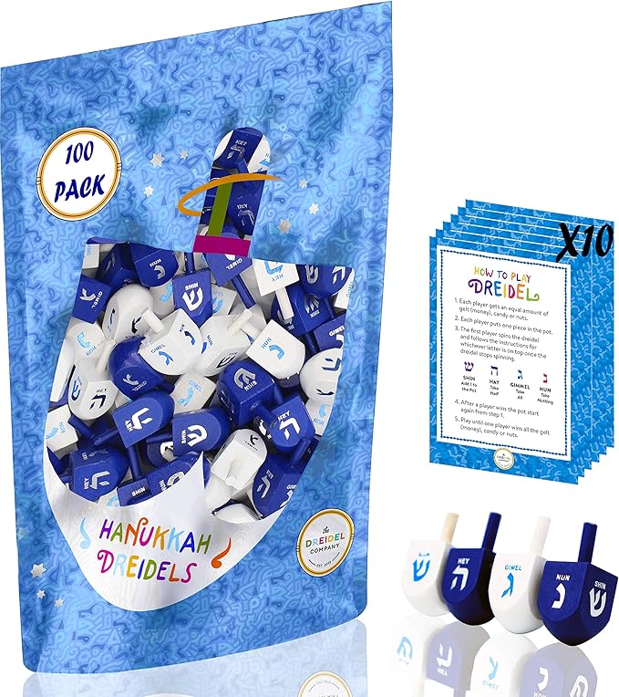 The Dreidel Company 100 Solid Blue & White Hand Painted Wooden Hanukkah Dreidels with English Transliteration - Includes Detailed 3 Game Instruction Cards- (100-Pack)