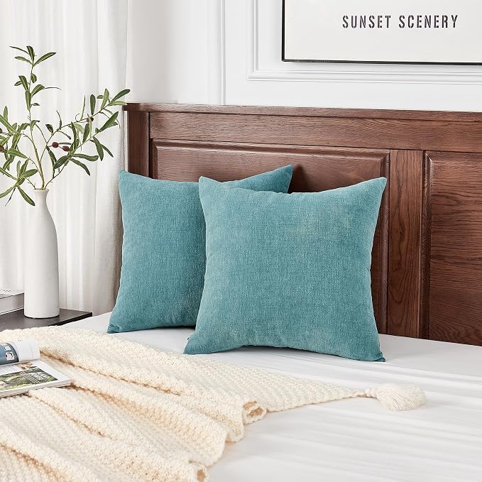 GAWAMAY Decorative Square Throw Pillow Covers 18"x18" Inch Set of 2, Super Soft Chenille Pillows Farmhouse Fall Pillowcase for Living Room Bedroom Sofa Couch Cushion Cover Smoke Blue 45x45cm
