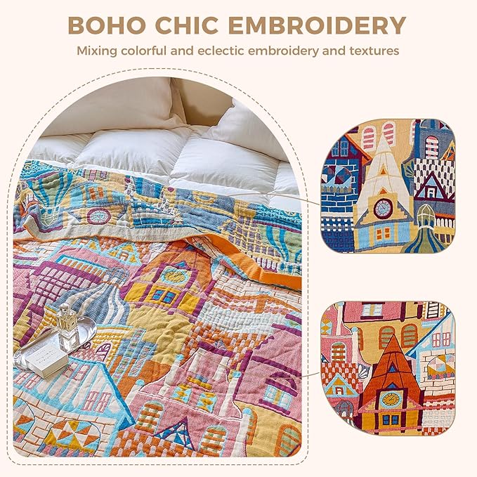 LUTBM Boho Throw Blanket for Couch 50"x60", Cotton Decorative Bed Throws | Reversible Classical Architecture Jacquard, All-Season Lightweight Soft Blankets, For Chair Sofa Bedroom Living Room Decor