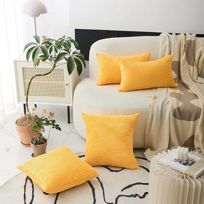 Home Brilliant 20 x 20 Summer Pillow Cover Square Plush Boho Pillowcase Soft Striped Corduroy Throw Pillow for Couch Bed Sofa Bench Decorations, 20x20 inch (50cm), Sunflower Yellow