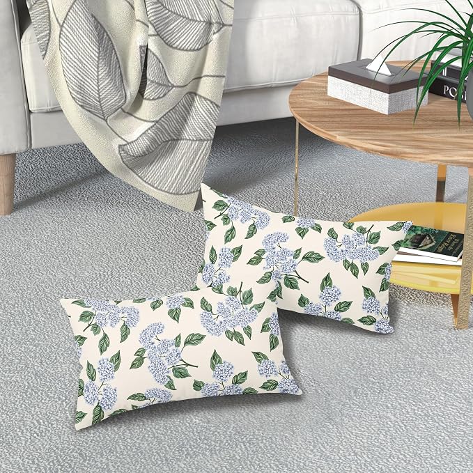 Square Blue Hydrangea Flower Pillow Covers 12x20 Inch Set of 2 Spring Blue Floral Cornflower Throw Pillow Cases Outdoor Linen Square Cushion Cover Farmhouse Decor for Bedroom Home Sofa Couch Bed