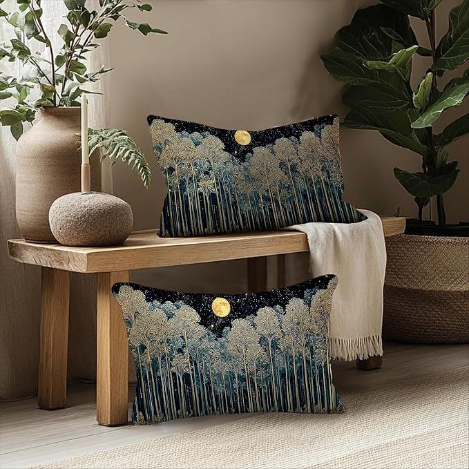 Rustic William Morris Night Forest Green Moon Decor Pillow Covers 12x20 Set of 2,Vintage Botanical Nature Landscape Decorative Throw Pillow Covers for Home Bedroom Living Room