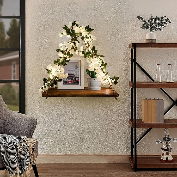 Floating Shelves for Wall,Hanging Shelves,Room Decor,Wall Decor,Boho Decor | Floating Shelves No Drill,Trinket Shelf,Cottage Core Wall Decor,2-Pack Shelf Set Includes Artificial White Rose & LED Lights