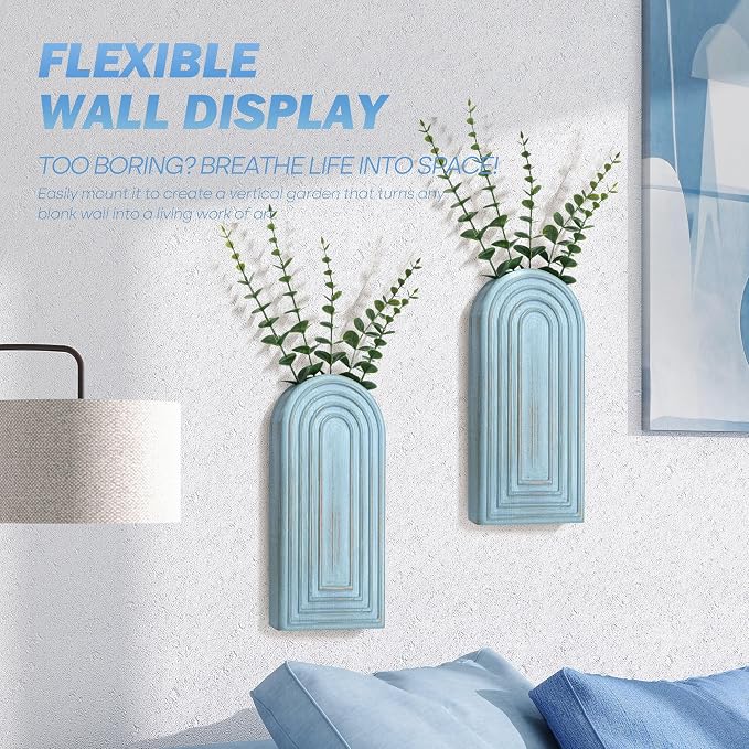 EOSAHR Wall Vase: Wall Planter for Fake Flowers for Living Room Decor, Blue | 2Pcs, Pine Wood, Wood Vase for Wall Decor, Wall Art for Kitchen, Ideal for Apartment, Boho Bathroom Set for Home Decor