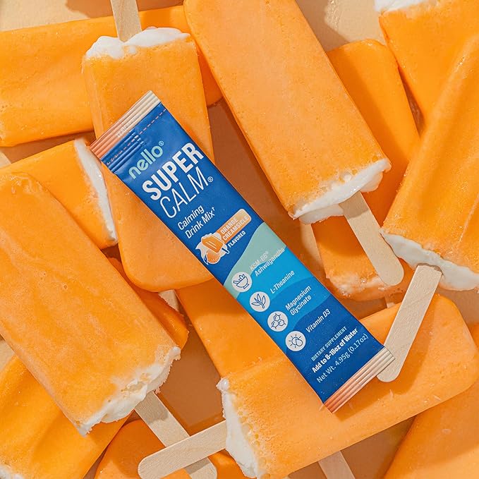 Nello Supercalm Drink Mix - Ashwagandha KSM 66, Magnesium Glycinate & L-Theanine Supplement - Ashwagandha Root Extract - Focus and Relaxation Support (20 Travel Packets) - Orange Creamsicle