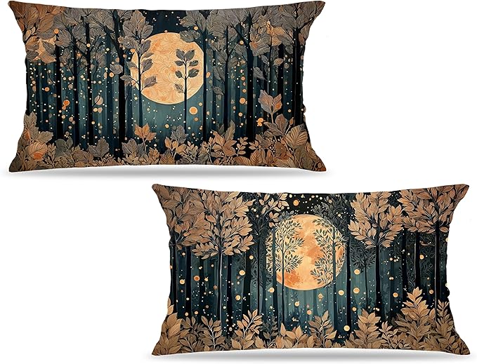 Vintage William Morris Inspired Gold Forest Moon Pillow Covers 20x12 Set of 2,Rustic Black and Gold Moon Nature Landscape Botanical Decorative Throw Pillow Covers for Home Bedroom Living Room
