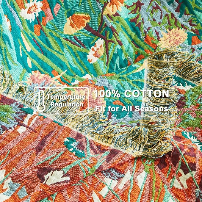 LUTBM Boho Throw Blanket for Bed 60"x80", All Season Cotton Couch Blankets | Reversible Floral Jacquard, Summer Lightweight Breathable Muslin Twin Quilt, For Chair Sofa Bedroom Living Room, Home Decor